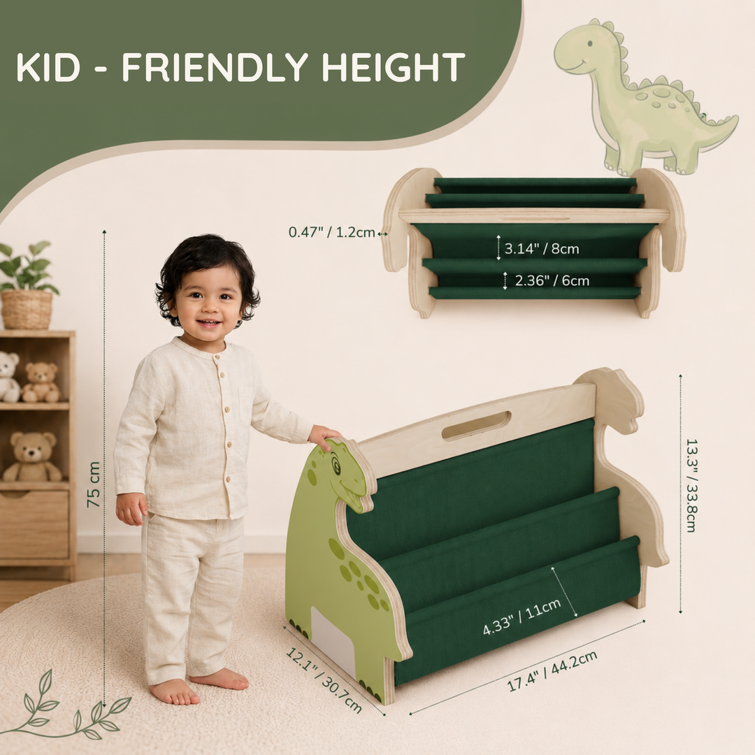 MORENDA Kids Bookshelf – Wooden Montessori Book Storage Organizer Dinosaur Design
