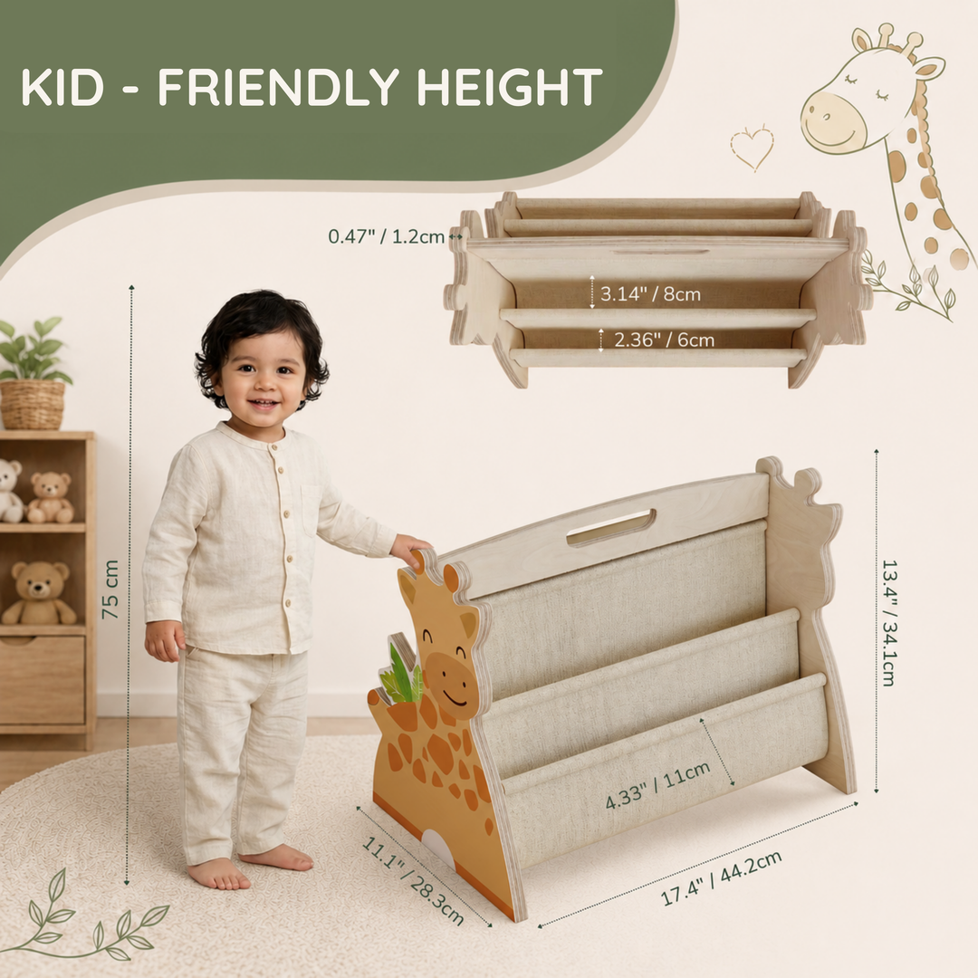 MORENDA Kids Bookshelf – Wooden Montessori Book Storage Organizer Giraffe Design