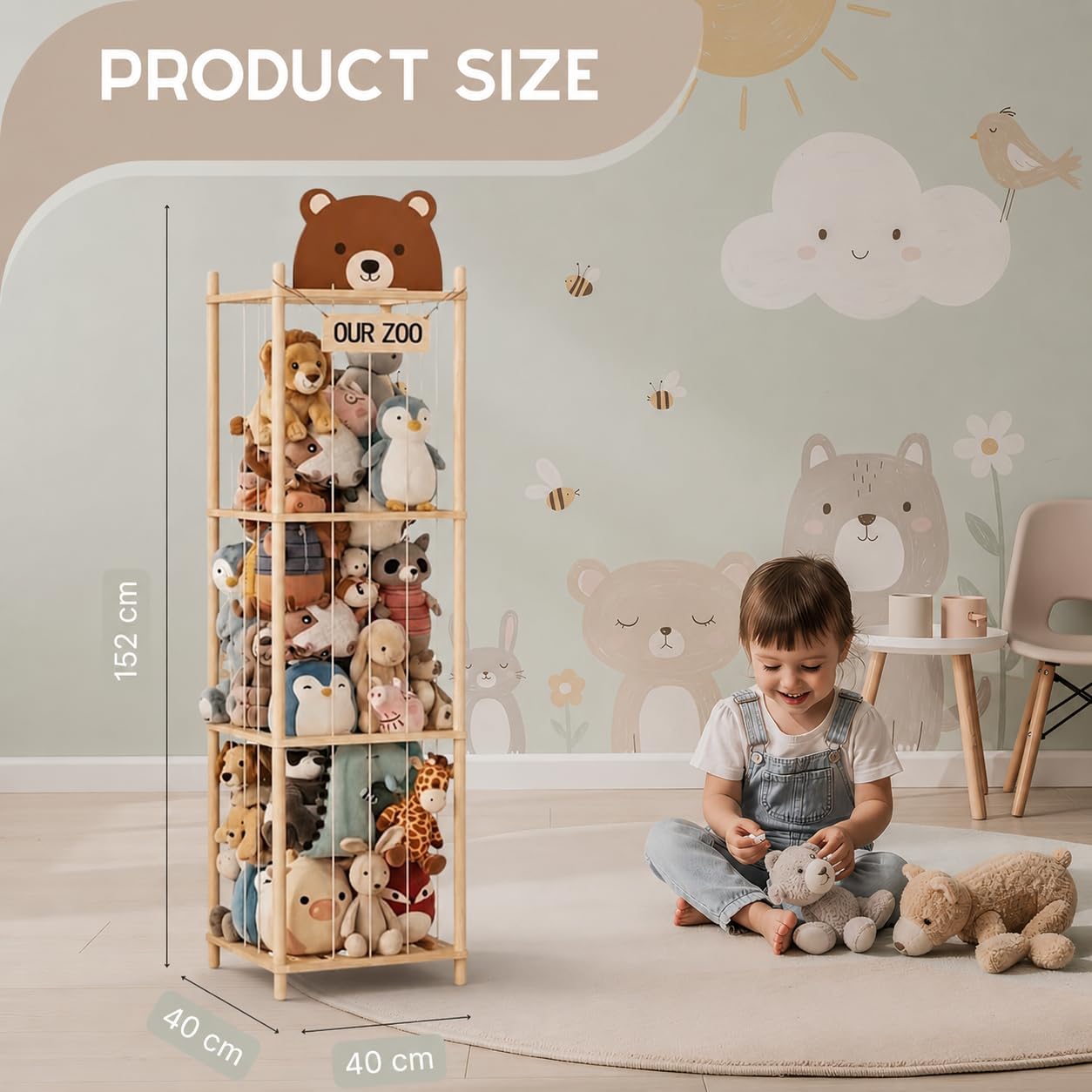 MORENDA Wooden Stuffed Animal Storage Organizer for Kids – Bear Design