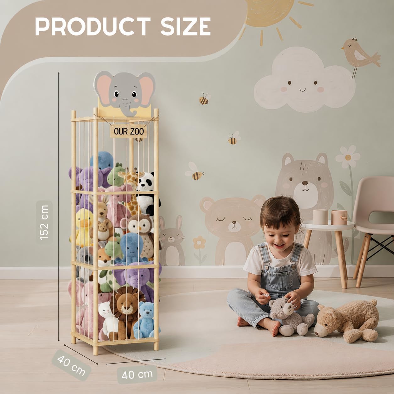 MORENDA Wooden Stuffed Animal Storage Organizer for Kids – Elephant Design