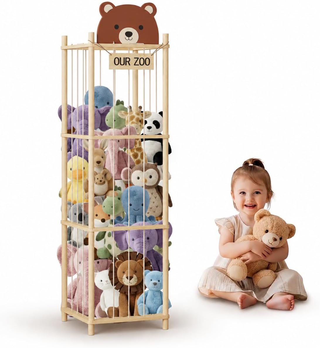 Wooden Stuffed Animal Storage Organizer for Kids – Bear, Elephant & Rainbow Designs