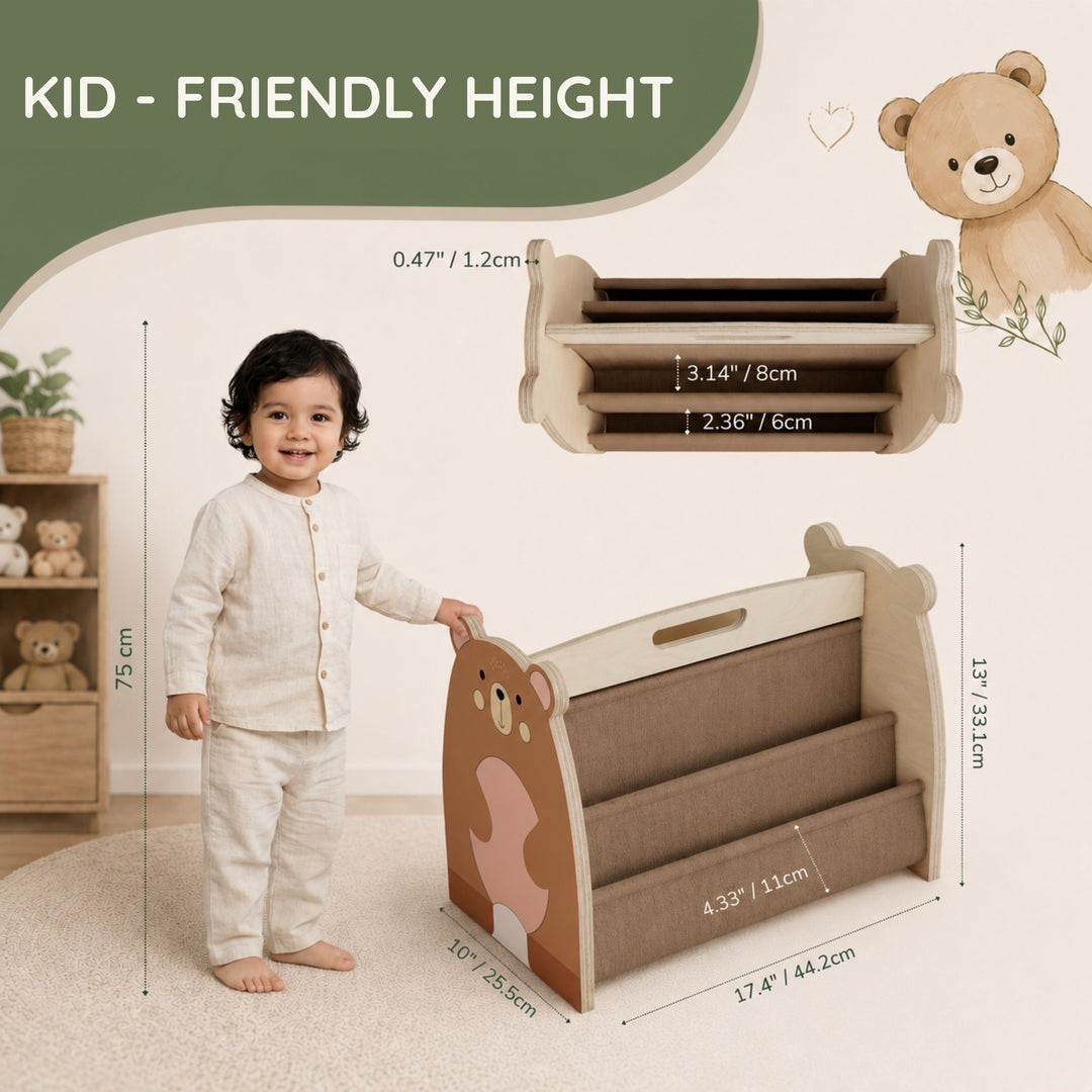 MORENDA Kids Bookshelf – Wooden Montessori Book Storage Organizer Bear Design