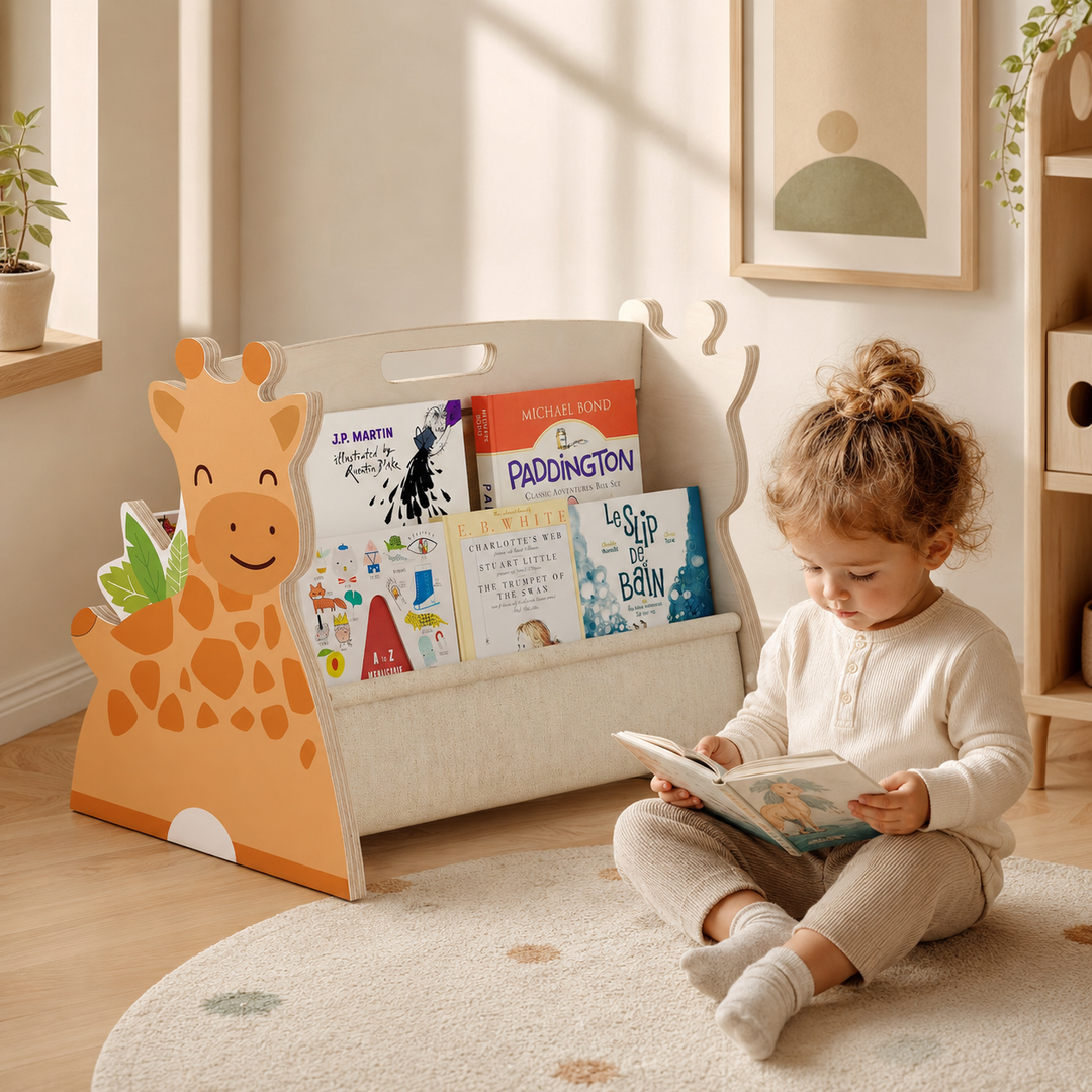 MORENDA Kids Bookshelf – Wooden Montessori Book Storage Organizer Giraffe Design