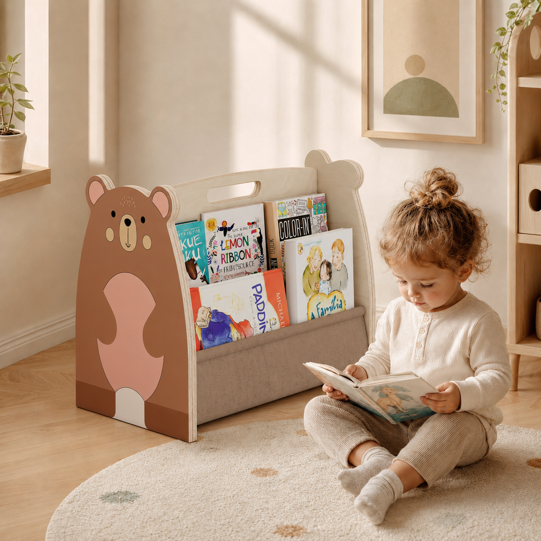MORENDA Kids Bookshelf – Wooden Montessori Book Storage Organizer Bear Design