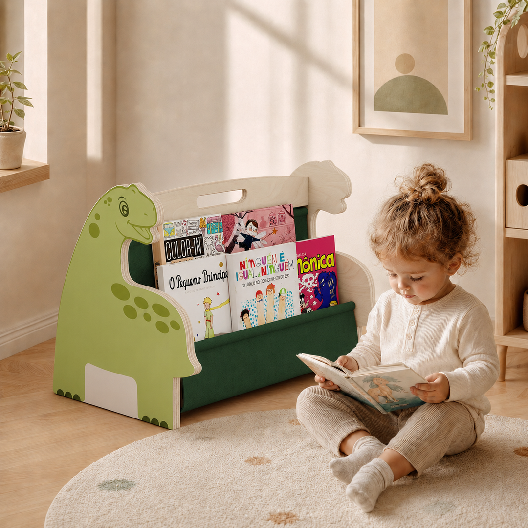 MORENDA Kids Bookshelf – Wooden Montessori Book Storage Organizer Dinosaur Design